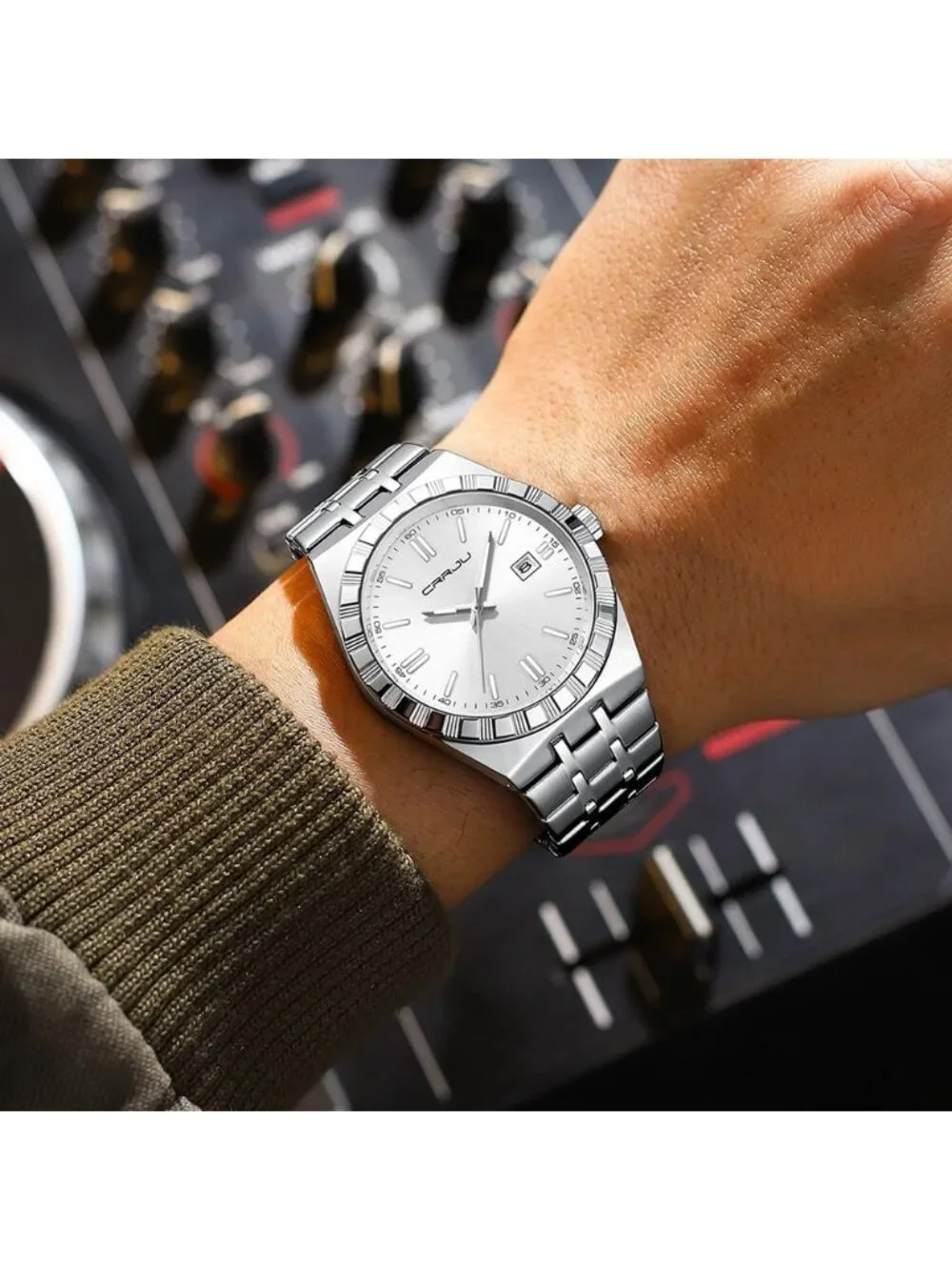 Crrju Men's White Luxury Luminous Analog Quartz Classic Calendar Silver Watch